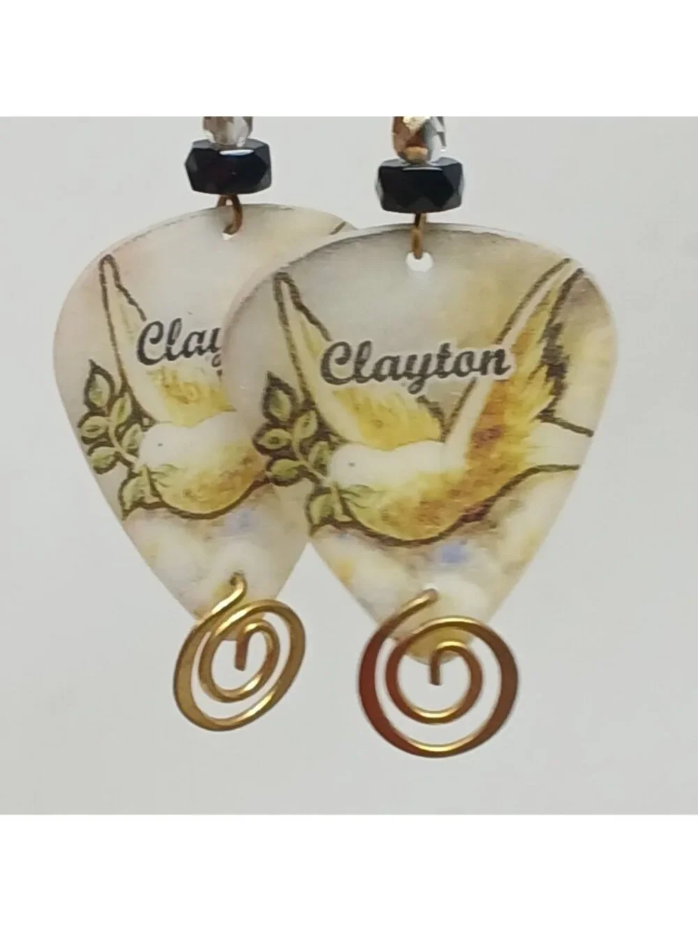 Clayton Guitar Pick Earrings Dove GoldTone Swirls Black Beads Handmade #J1-P